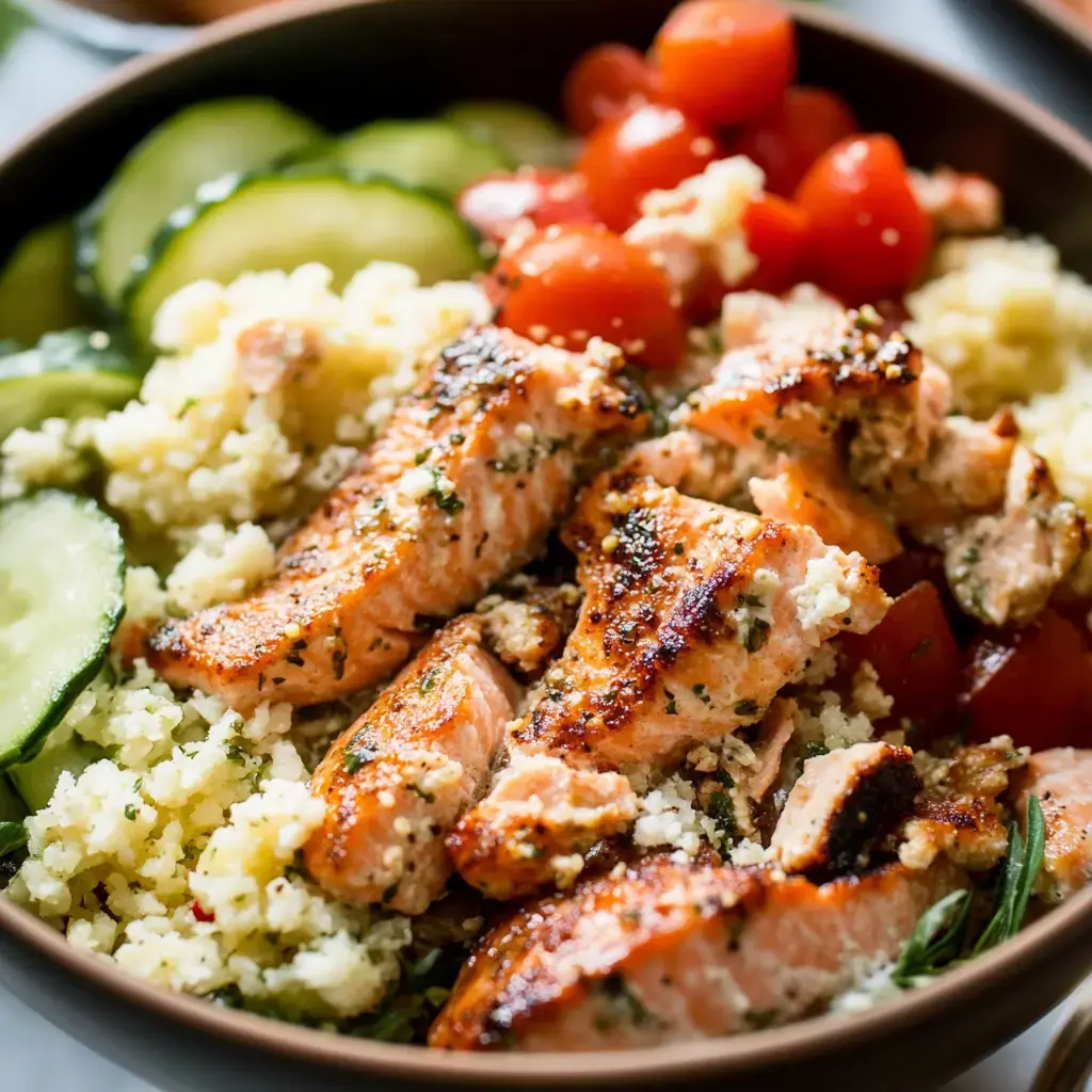 A bowl filled with couscous, grilled salmon pieces, cherry tomatoes, and cucumber slices.