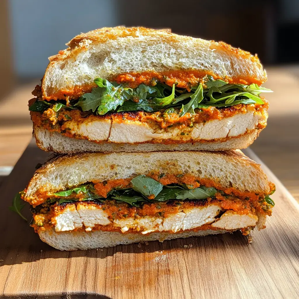 A sandwich made with grilled chicken, arugula, and a red pesto spread, sliced in half and stacked on a wooden cutting board.