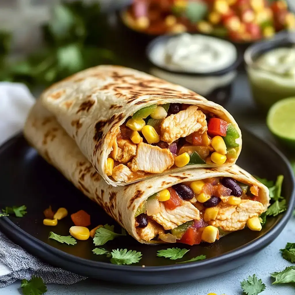 A plate holds two grilled chicken burritos filled with corn, black beans, and diced peppers, garnished with fresh cilantro.