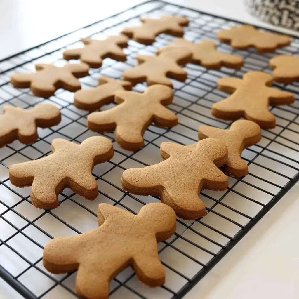 A cooling rack is filled with freshly baked gingerbread cookies shaped like gingerbread men.