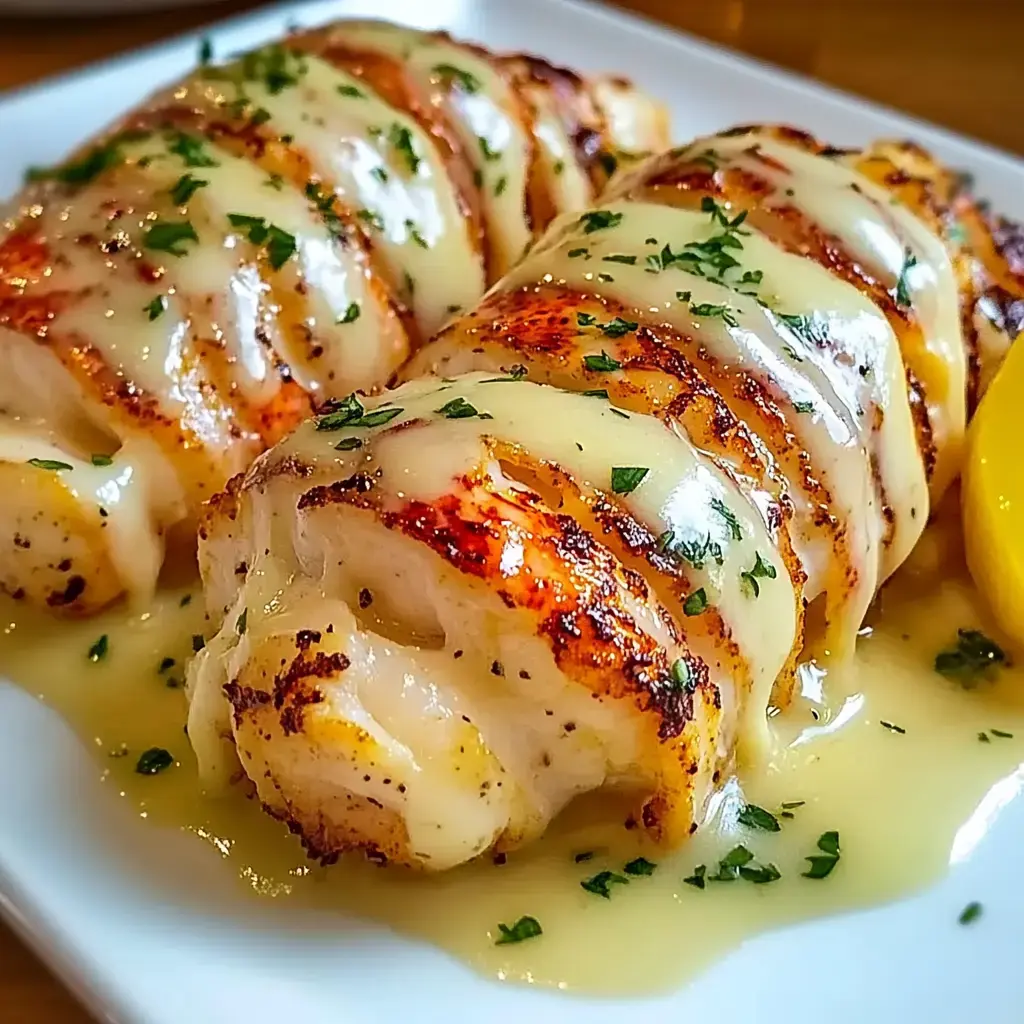 A close-up of two grilled fish fillets topped with melted cheese and garnished with parsley, served on a white plate beside a lemon wedge.