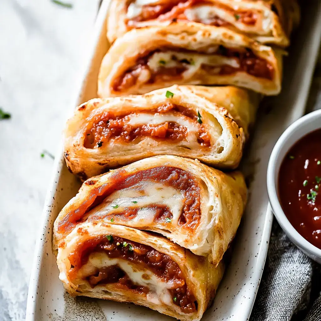 A close-up of golden pastry rolls filled with marinara sauce and mozzarella cheese, served with a side of dipping sauce.