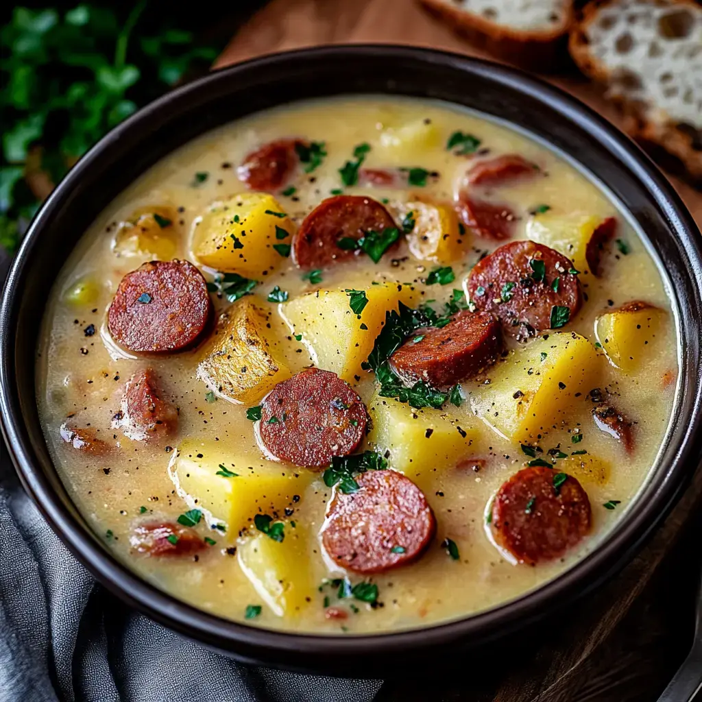 A bowl of hearty potato soup topped with slices of sausage and fresh parsley, served alongside pieces of bread.