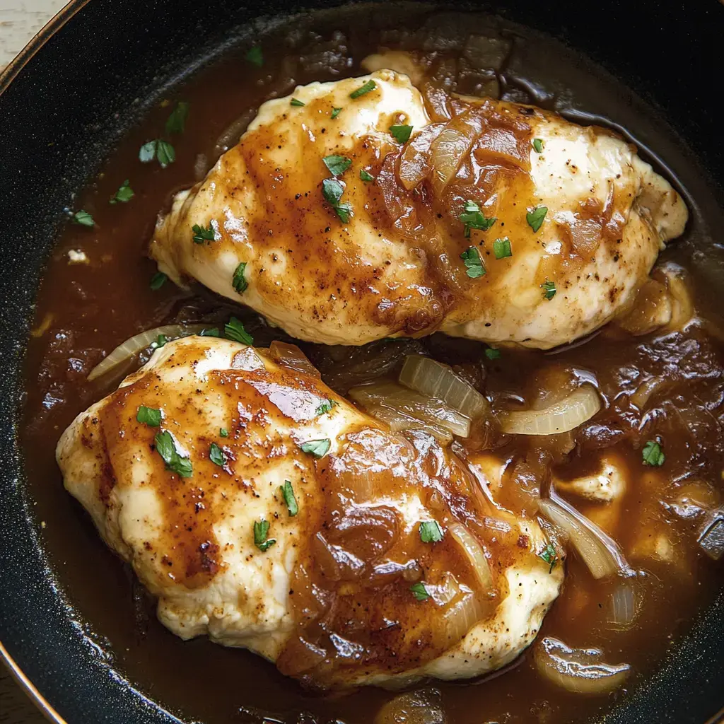 Two pieces of chicken breast cooked in a rich brown sauce with onions and garnished with chopped herbs, served in a black skillet.