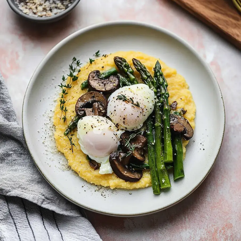 A plate of creamy polenta topped with poached eggs, sautéed mushrooms, and asparagus, garnished with thyme and black pepper.