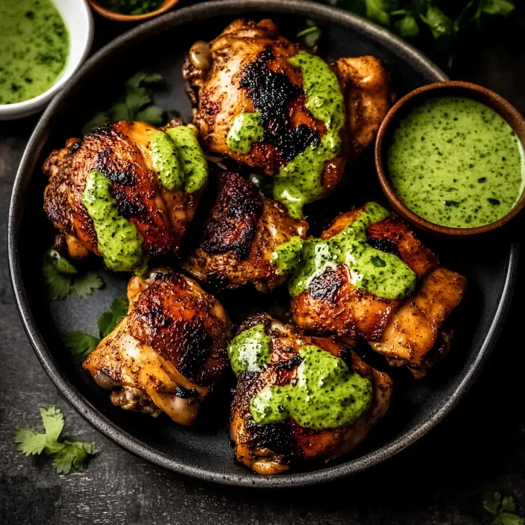 A plate of grilled chicken thighs drizzled with green sauce, accompanied by a small bowl of the same sauce.