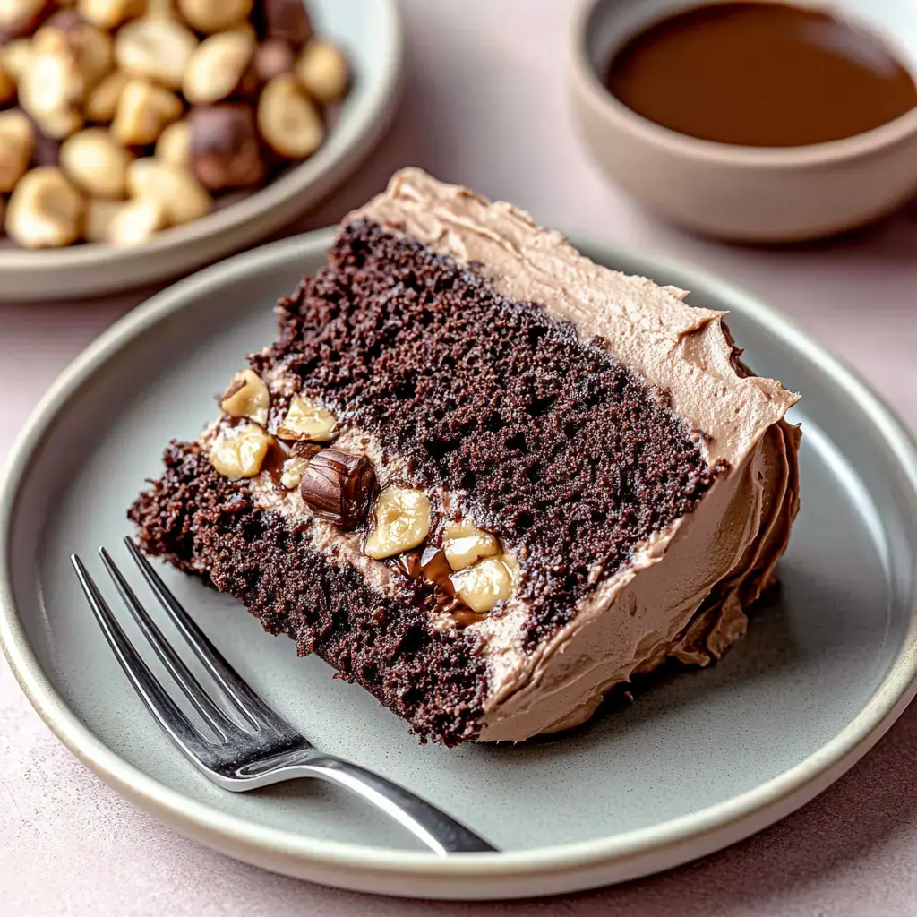 A slice of chocolate cake topped with creamy frosting and filled with chopped nuts, served on a pale plate alongside a small bowl of chocolate sauce and a dish of nuts in the background.