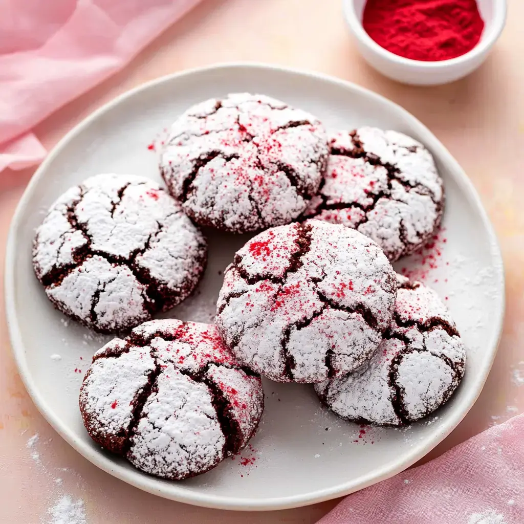 A plate of crinkle cookies dusted with powdered sugar and sprinkled with red powder, set on a pink background.