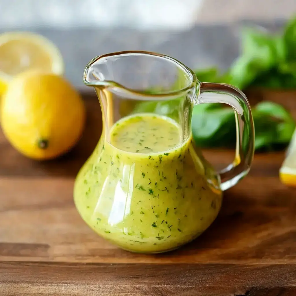 A glass dressing container filled with green herb sauce, accompanied by fresh lemons and basil leaves on a wooden surface.