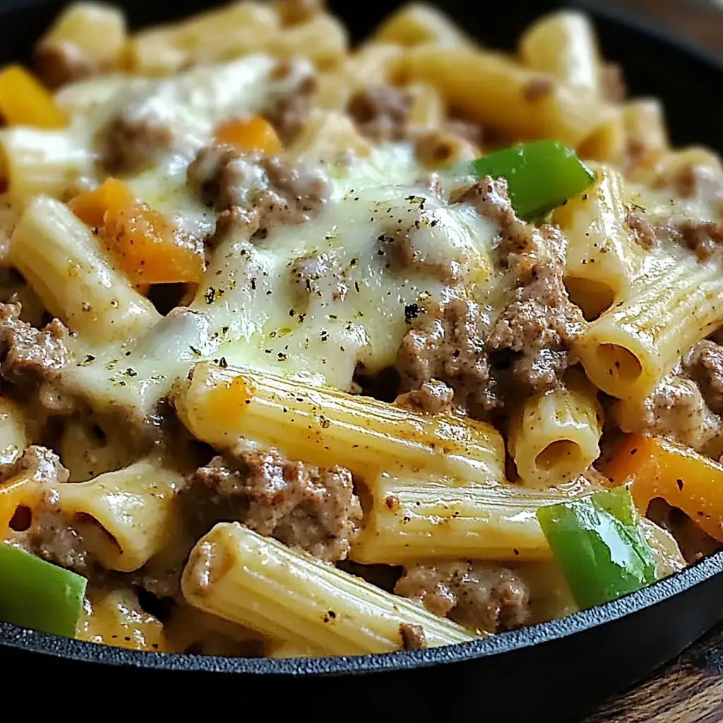 A close-up of a creamy pasta dish featuring rigatoni, ground beef, and colorful bell peppers topped with melted cheese.