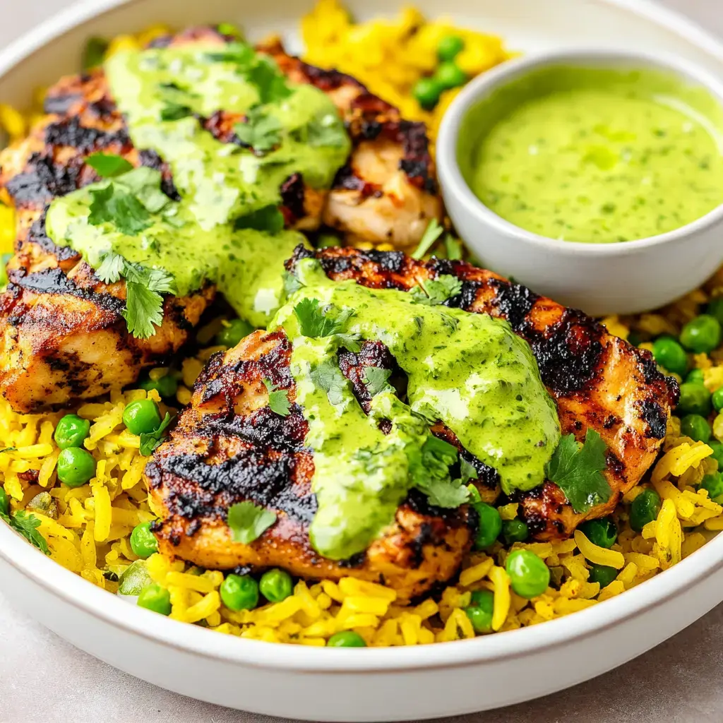 A bowl of yellow rice with peas topped with grilled chicken pieces and drizzled with green sauce, garnished with fresh cilantro.