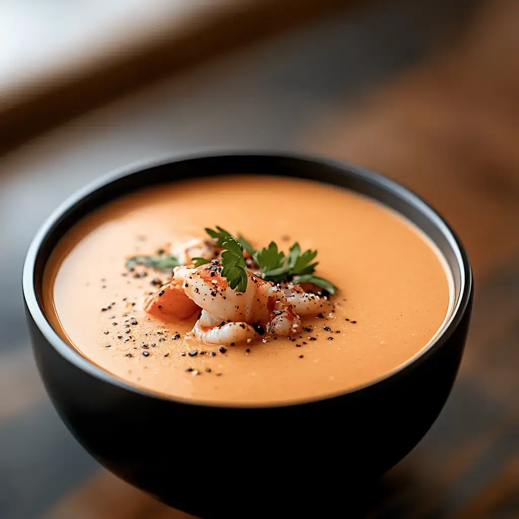 A bowl of creamy orange soup topped with shrimp and garnished with parsley and black pepper.