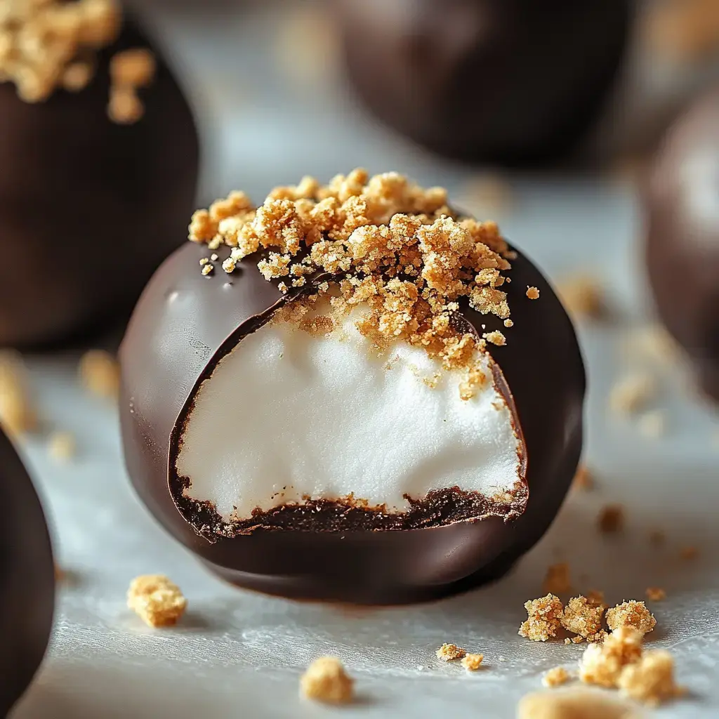 A close-up of a chocolate-covered truffle with a bite taken out, revealing a creamy white filling and topped with crumbled graham crackers.