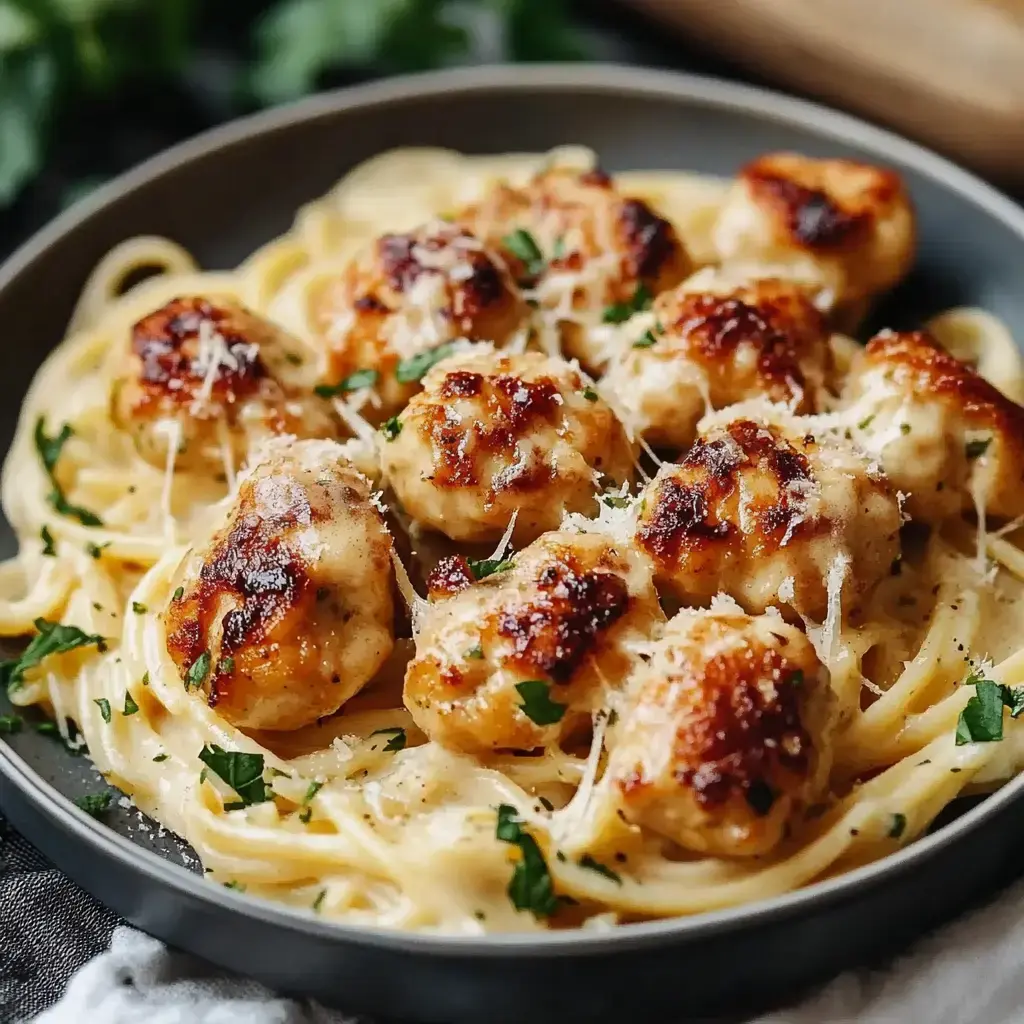 A plate of spaghetti topped with golden-brown meatballs and garnished with parsley and grated cheese.