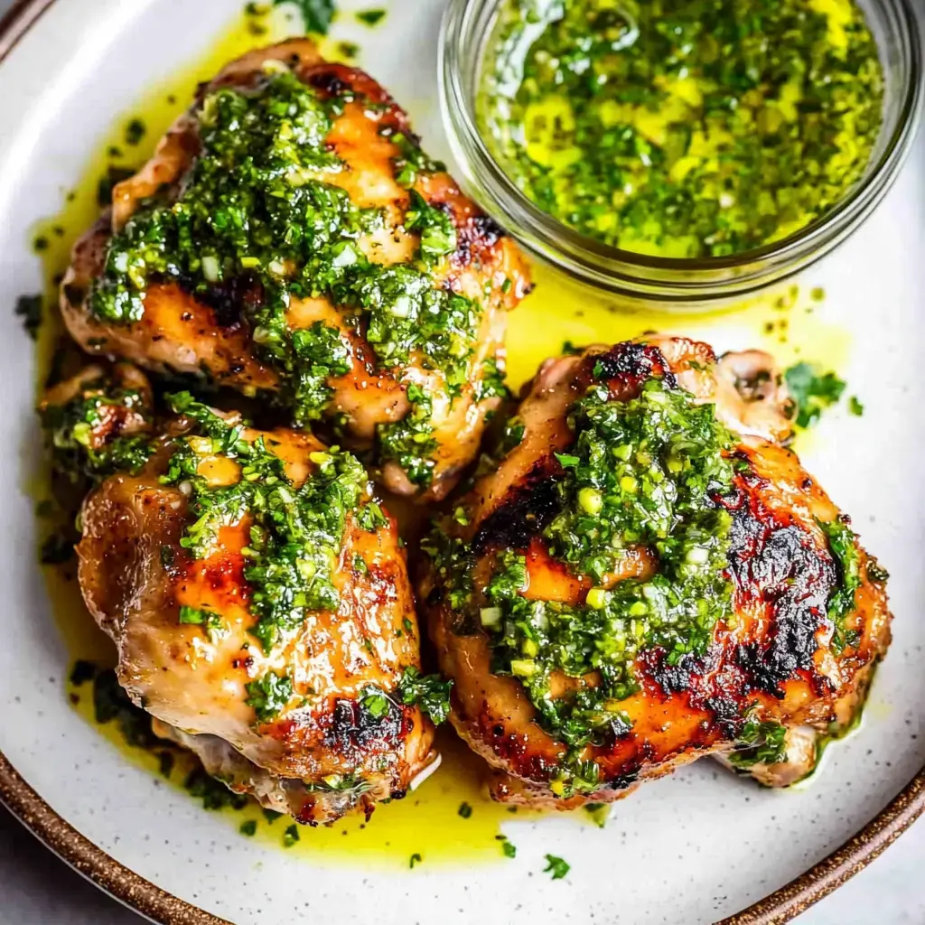 Grilled chicken thighs topped with a vibrant green herb sauce, served with a side of extra sauce in a small bowl.