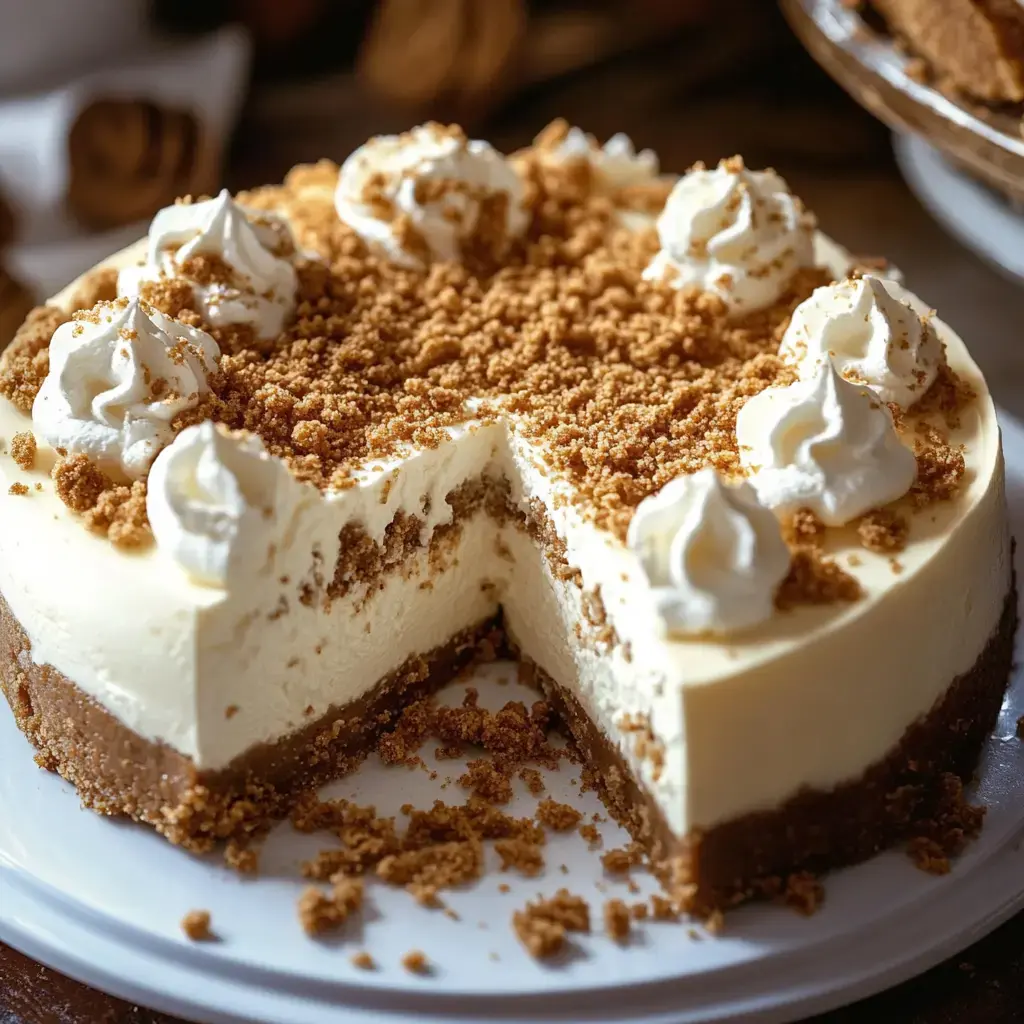 A creamy cheesecake with a crumbly topping and decorative whipped cream is shown, with a slice removed to reveal its layers.