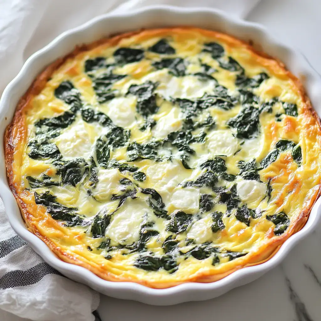 A baked spinach and cheese frittata in a white pie dish, showcasing a golden crust and green spinach leaves interspersed with dollops of cheese.