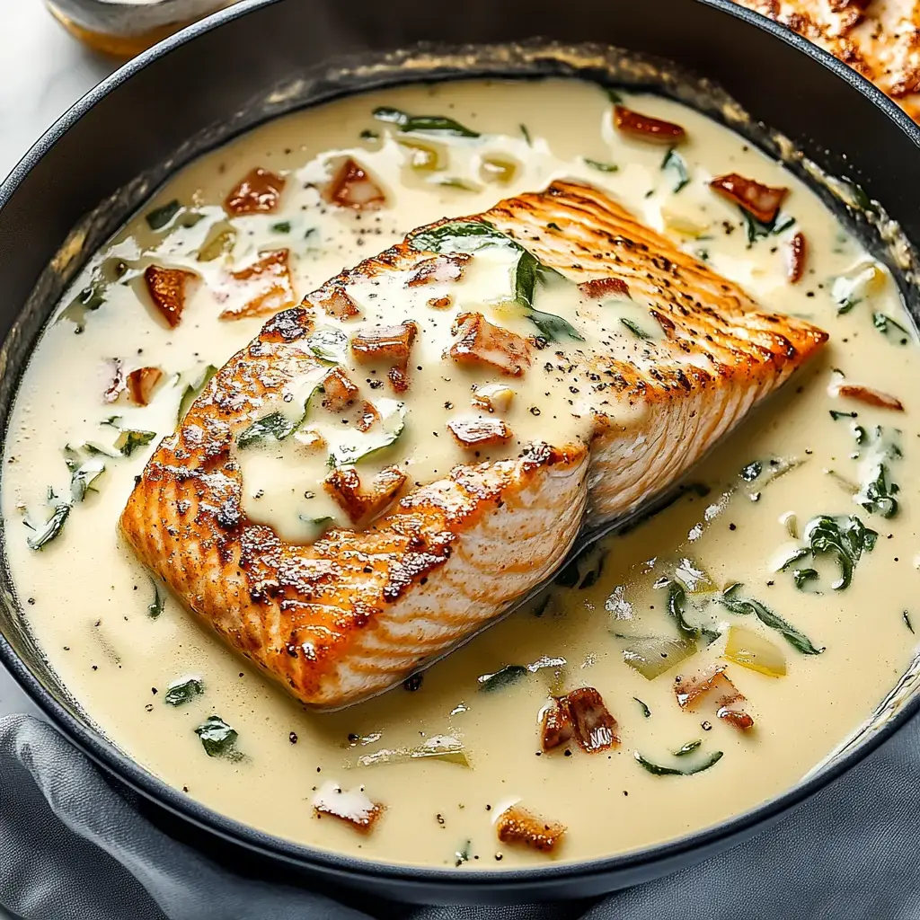 A piece of salmon fillet is served in a creamy sauce with herbs and diced ingredients in a black skillet.