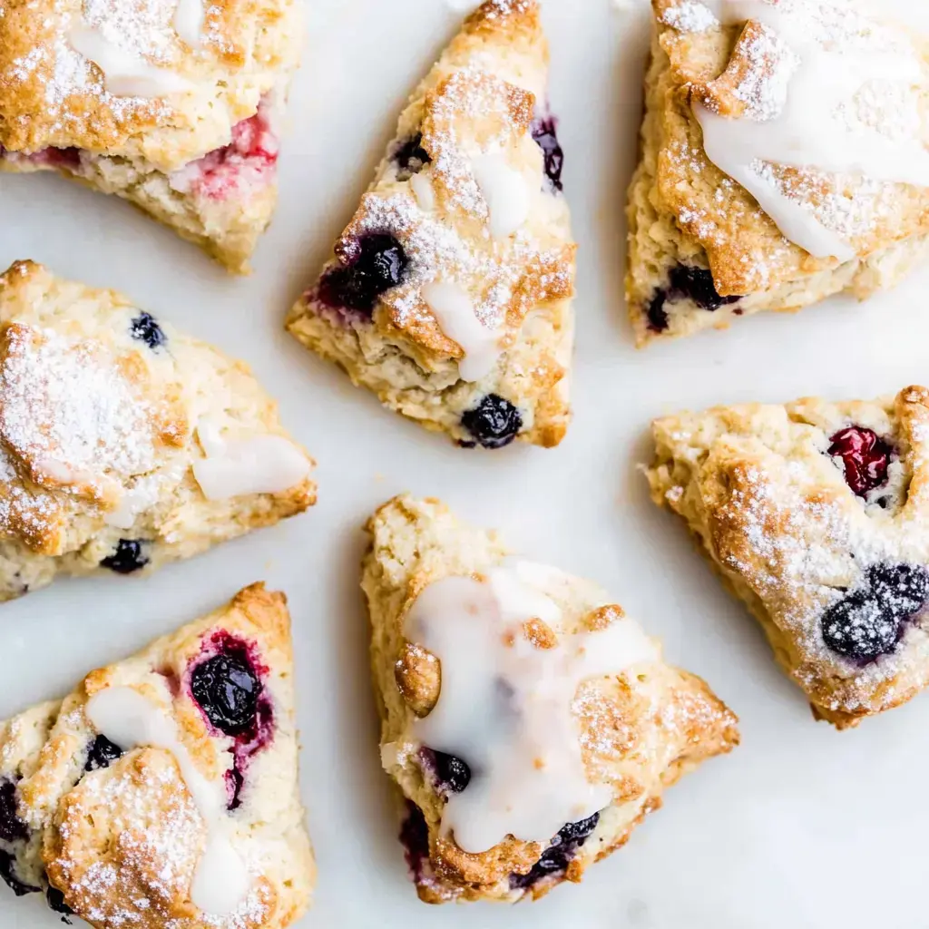 A variety of freshly baked scones with a light glaze and sprinkled powdered sugar, featuring bits of berries, are arranged on a white surface.