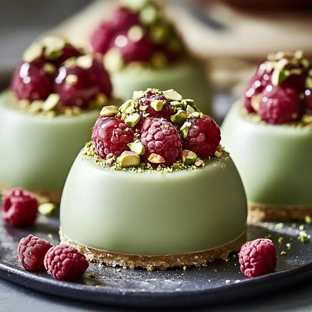 A close-up of elegantly designed green desserts topped with fresh raspberries and crushed pistachios, arranged on a dark plate.