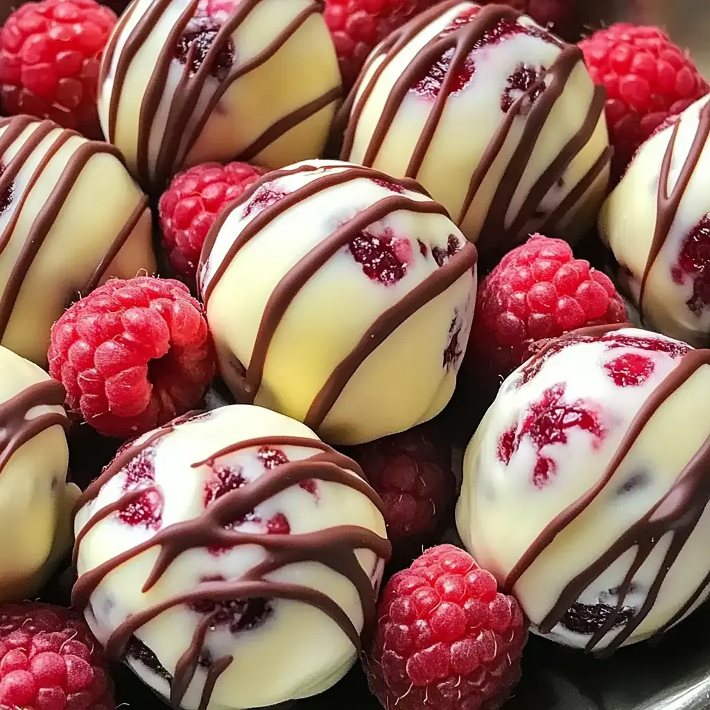 A close-up image of white chocolate truffles with raspberry filling, drizzled with dark chocolate, surrounded by fresh raspberries.