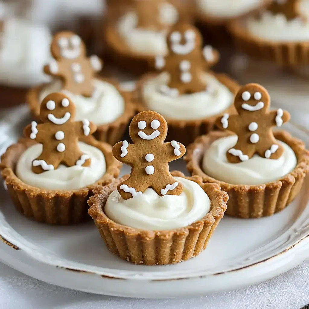 A plate of small tartlets filled with cream and topped with cheerful gingerbread cookie figures.