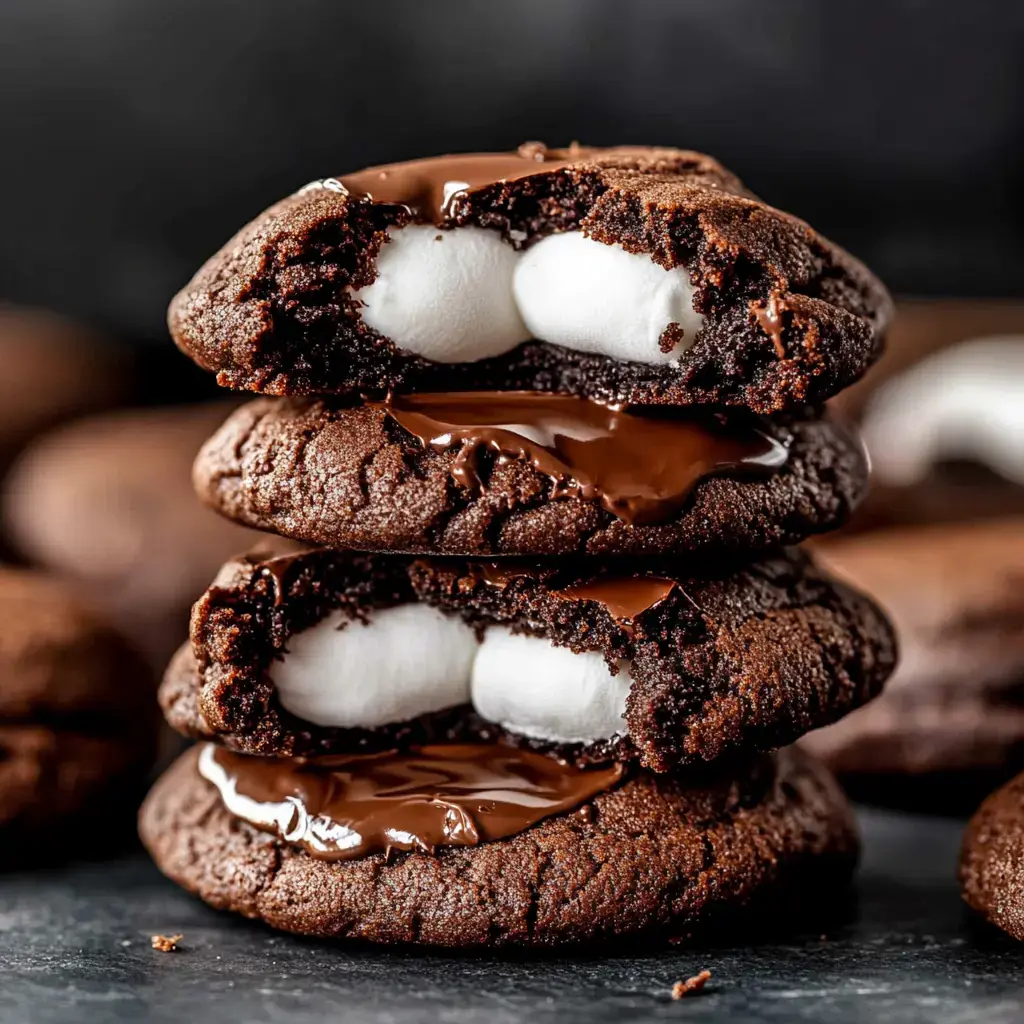 A stack of three chocolate cookies, two of which are filled with marshmallow and drizzled with melted chocolate, against a dark background.