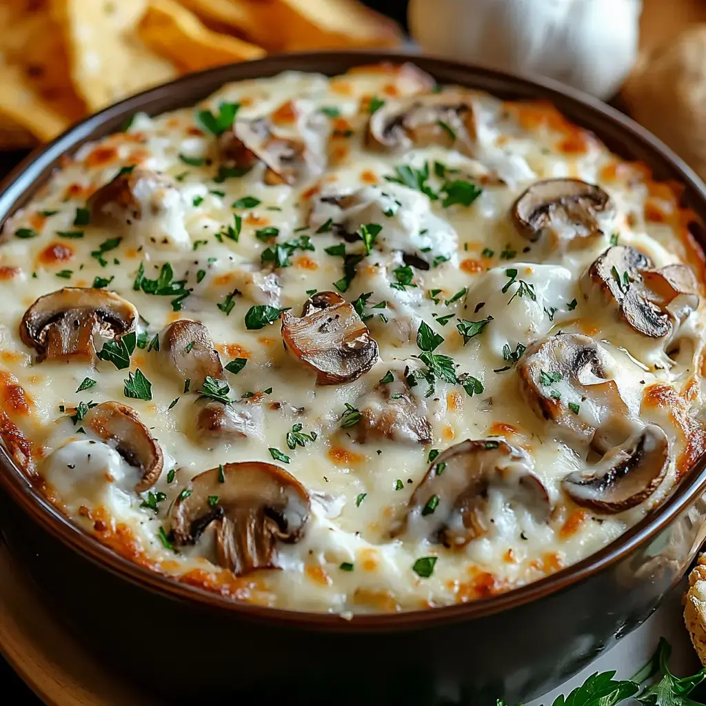 A creamy, baked dish with melted cheese, topped with sliced mushrooms and fresh parsley, served with bread on the side.