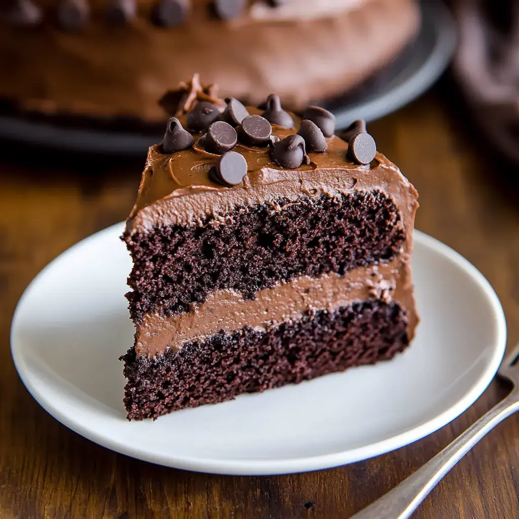 A slice of chocolate cake with chocolate frosting and chocolate chips on top, served on a white plate.