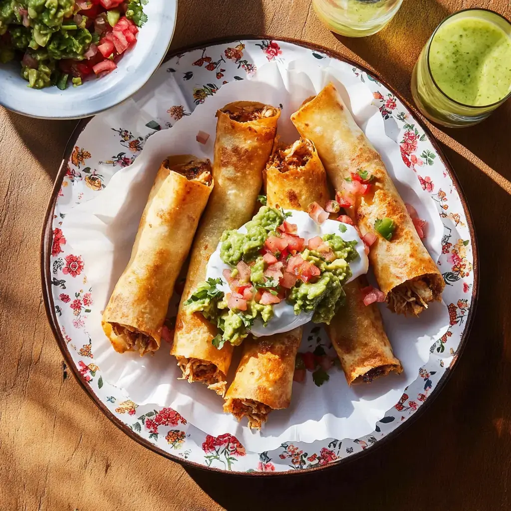 A plate of crispy taquitos topped with guacamole, diced tomatoes, and sour cream, accompanied by a side of pico de gallo.