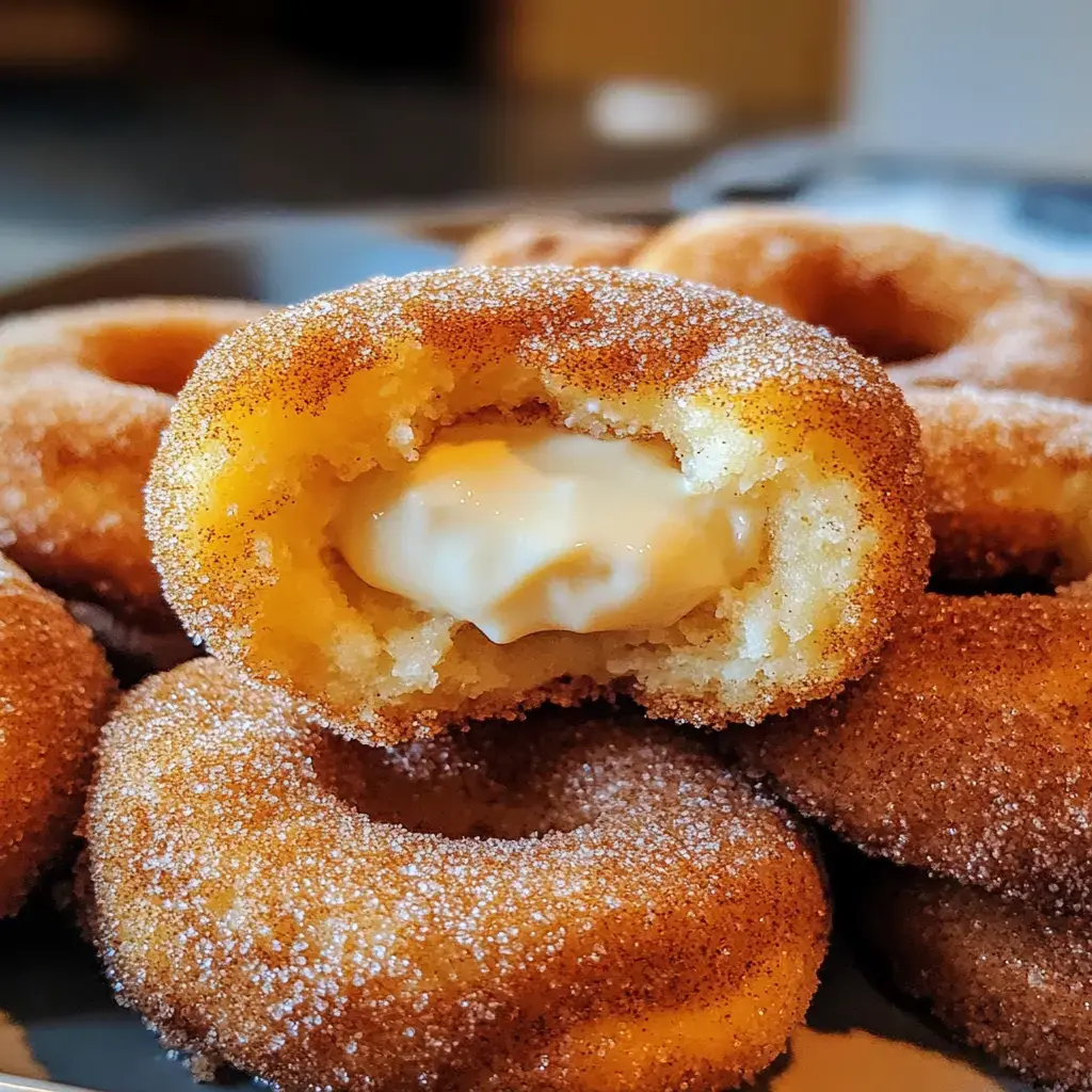 A close-up of a cinnamon-sugar-coated donut with a creamy filling, resting among several other similar donuts.