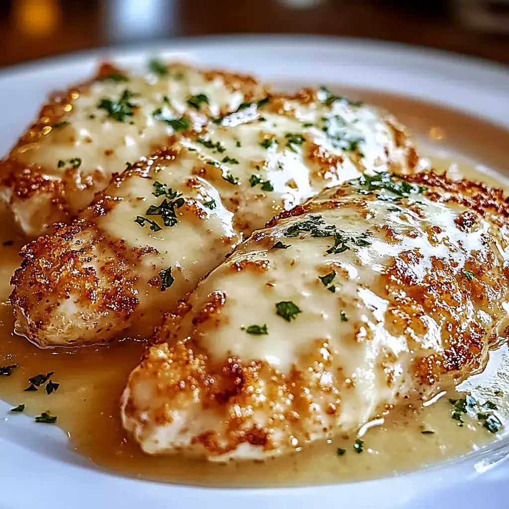 A plate of three golden-brown breaded chicken fillets topped with a creamy sauce and garnished with chopped parsley.