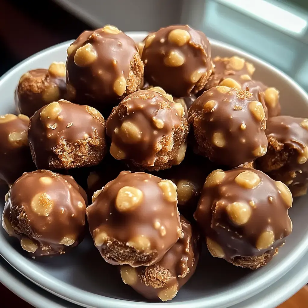 A bowl filled with round chocolate-covered treats, topped with small pieces of nuts.