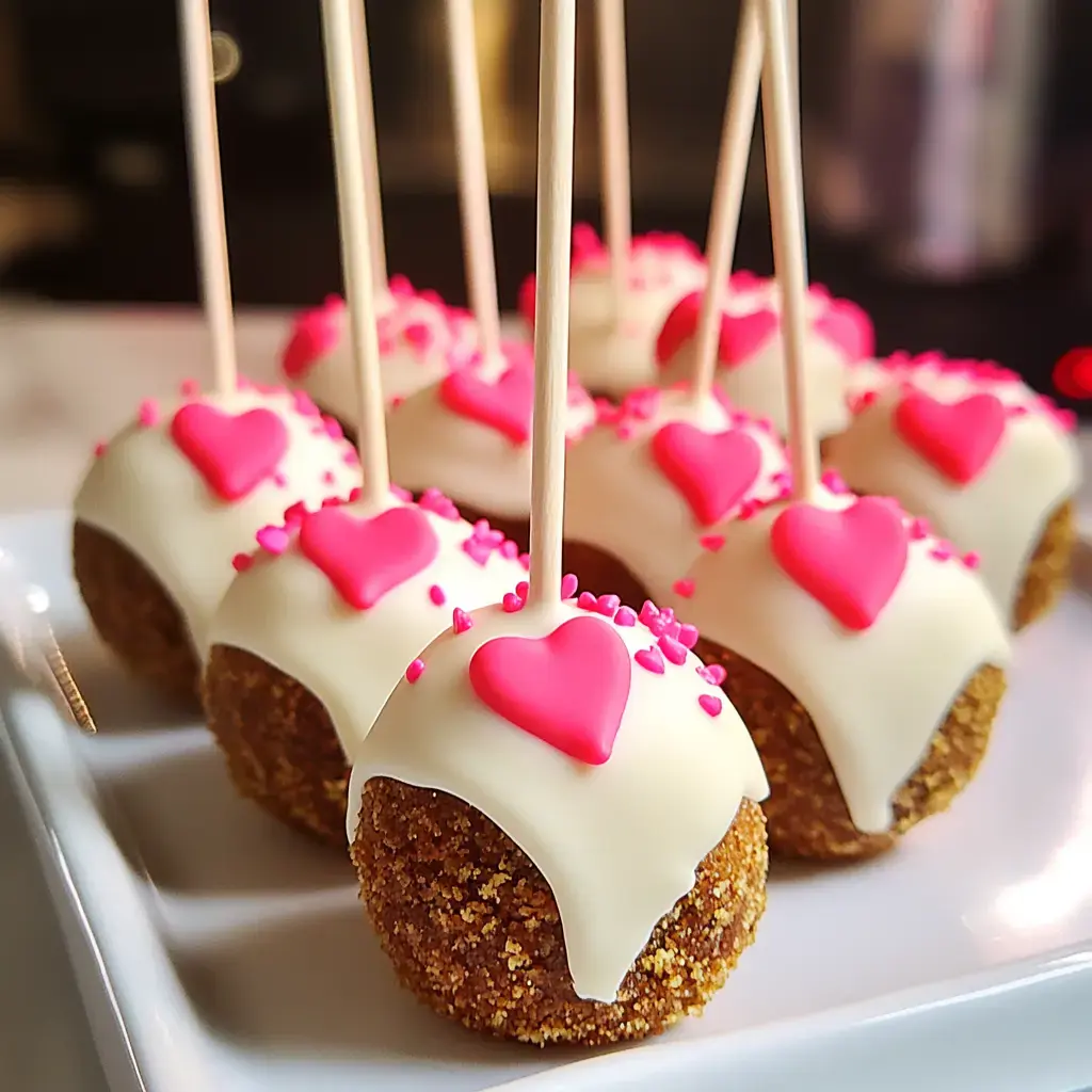 A plate of decorated cake pops featuring a golden-brown base, coated with white chocolate, and topped with pink heart-shaped fondant and sprinkles.