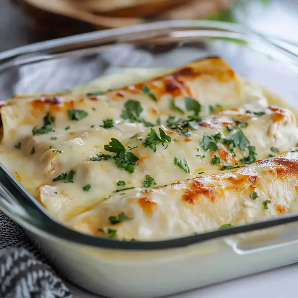 A glass dish contains three cheesy enchiladas topped with chopped parsley.