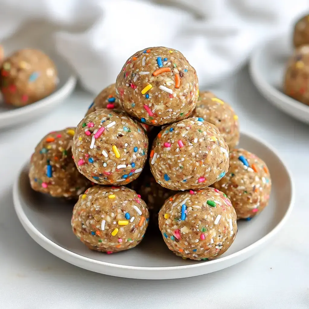 A pile of colorful, sprinkle-covered energy balls is displayed on a white plate.