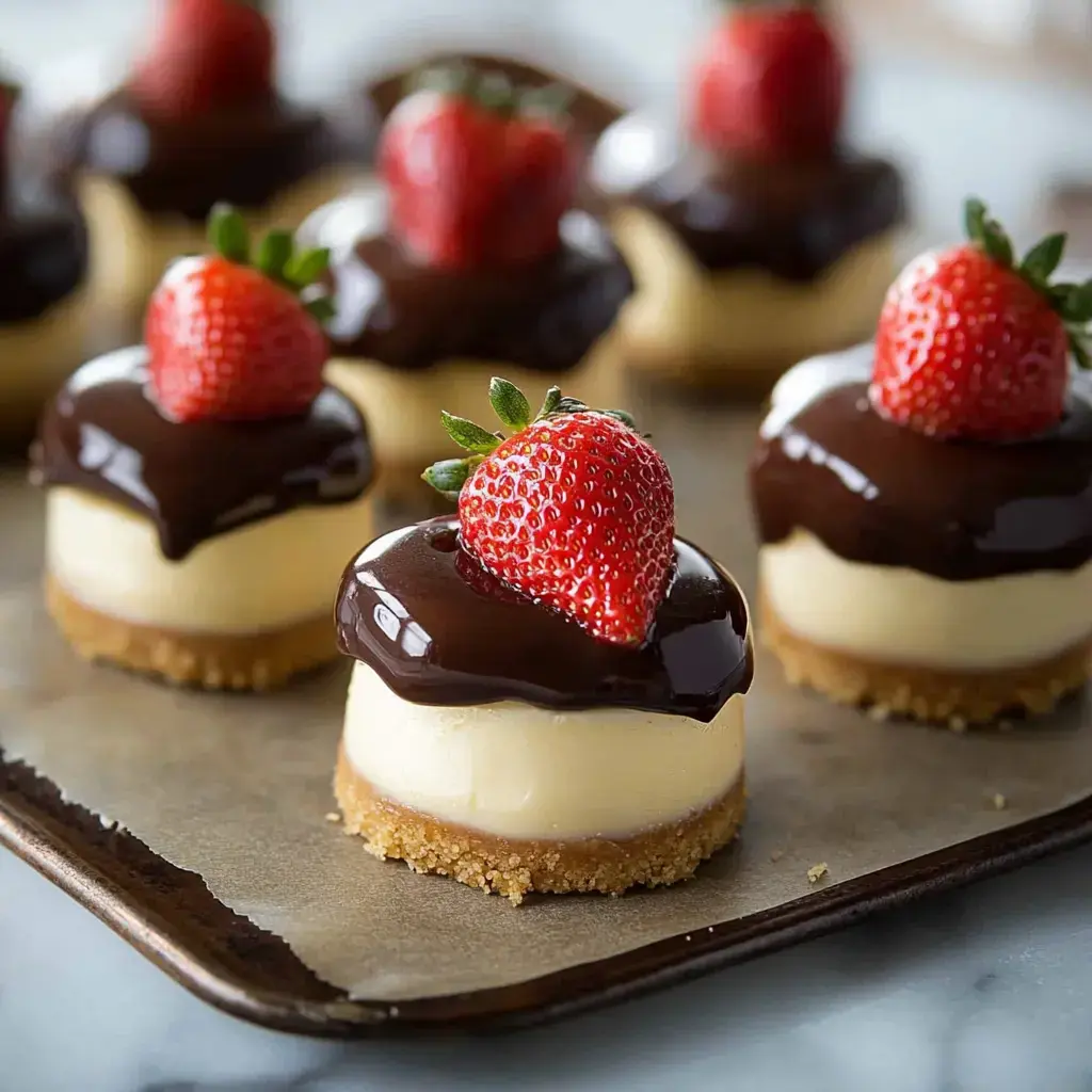 A close-up of mini cheesecakes topped with chocolate ganache and fresh strawberries on a baking tray.