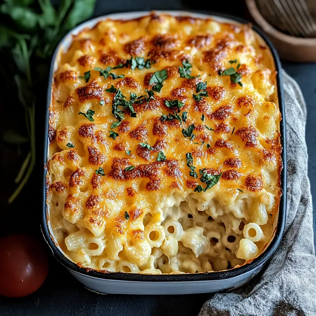 A baked mac and cheese dish topped with golden, crispy cheese and garnished with fresh parsley.