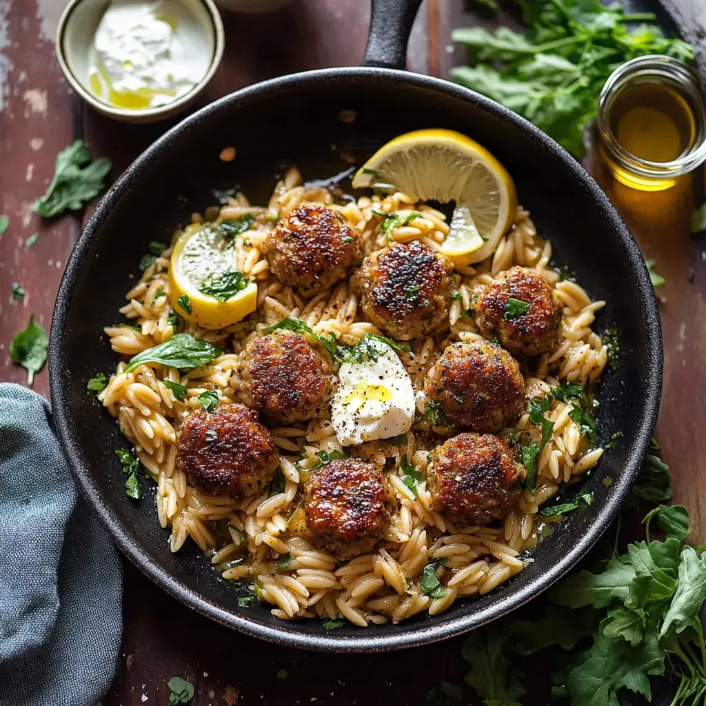 A skillet filled with orzo pasta topped with golden-brown meatballs, garnished with fresh herbs, lemon wedges, and a dollop of yogurt.