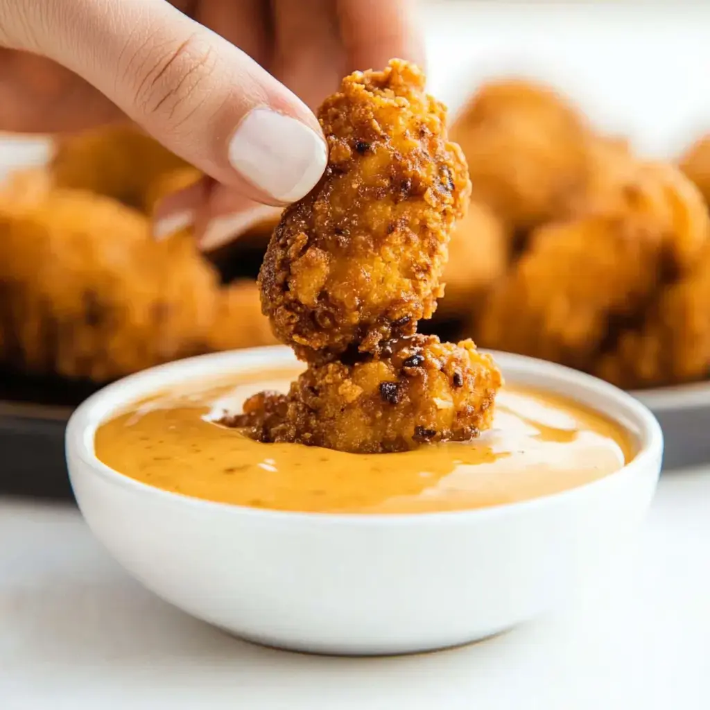 A hand is dipping a crispy chicken nugget into a small bowl of creamy orange sauce, with more nuggets in the background.