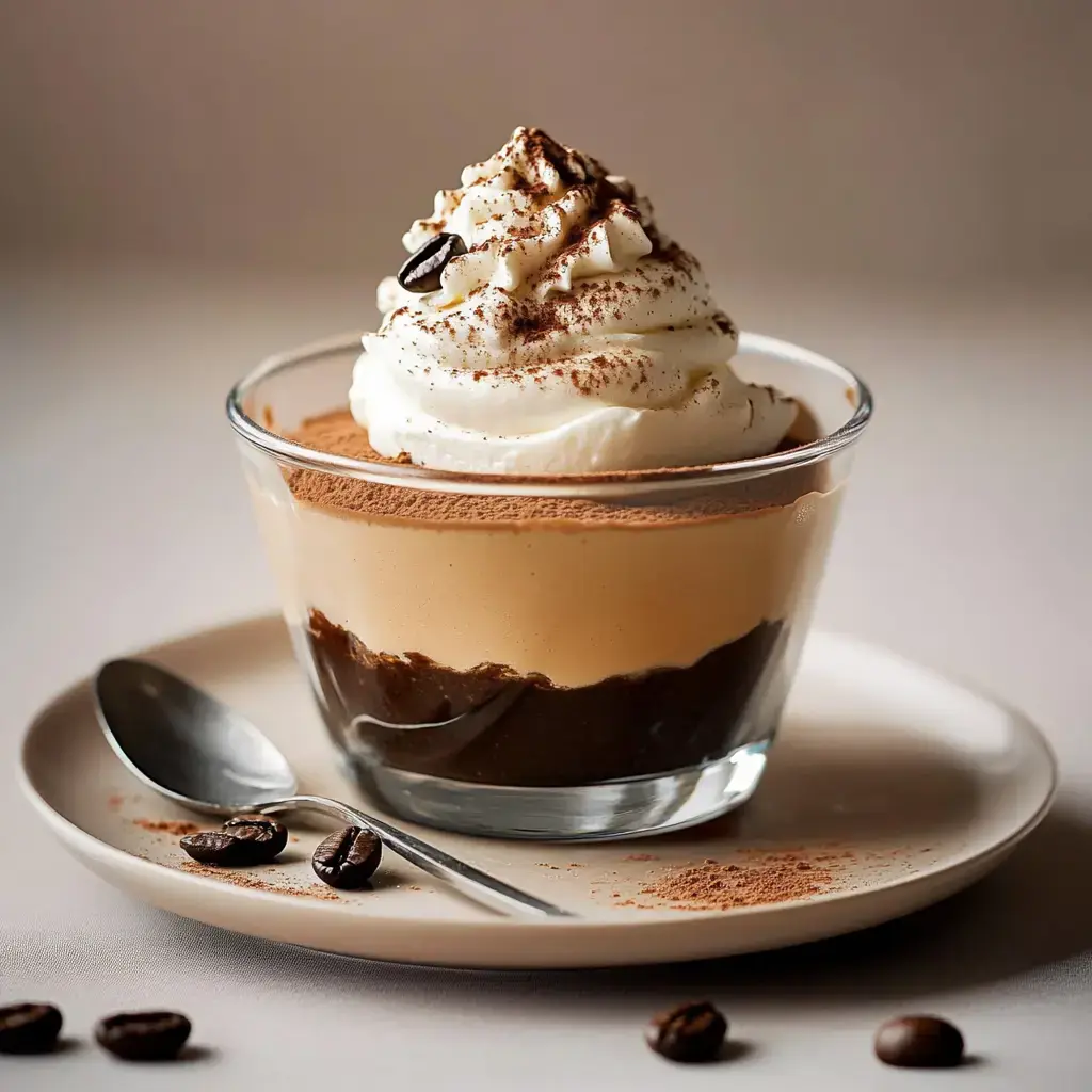 A glass dessert cup layered with chocolate mousse, coffee cream, and topped with whipped cream and cocoa powder, served on a plate with a spoon and coffee beans.