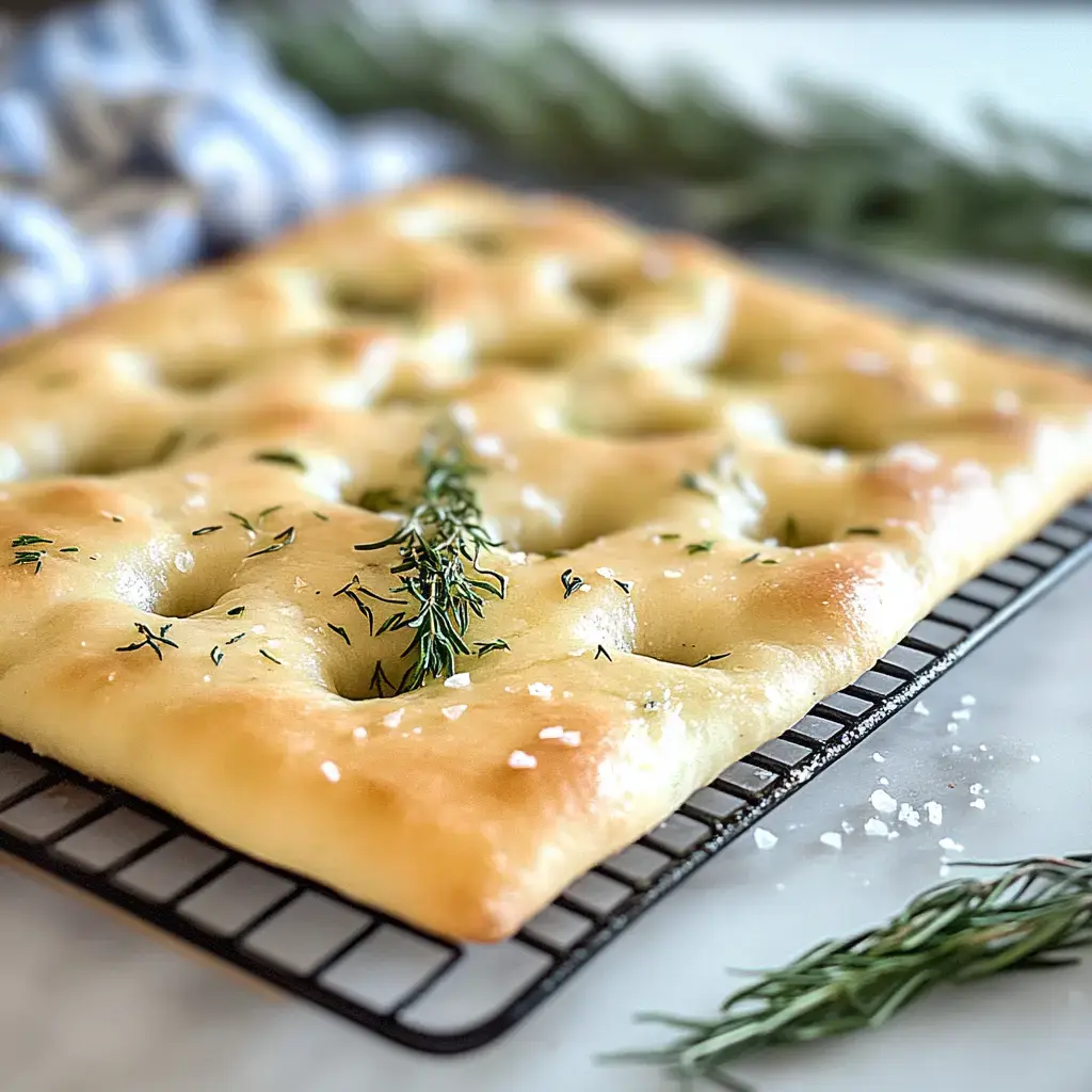 A freshly baked focaccia bread topped with fresh herbs and sea salt, cooling on a wire rack.