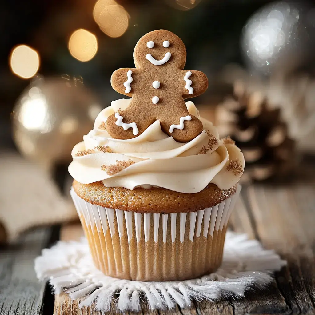 A decorated cupcake with a gingerbread man topping sits on a rustic wooden surface, surrounded by festive decorations.