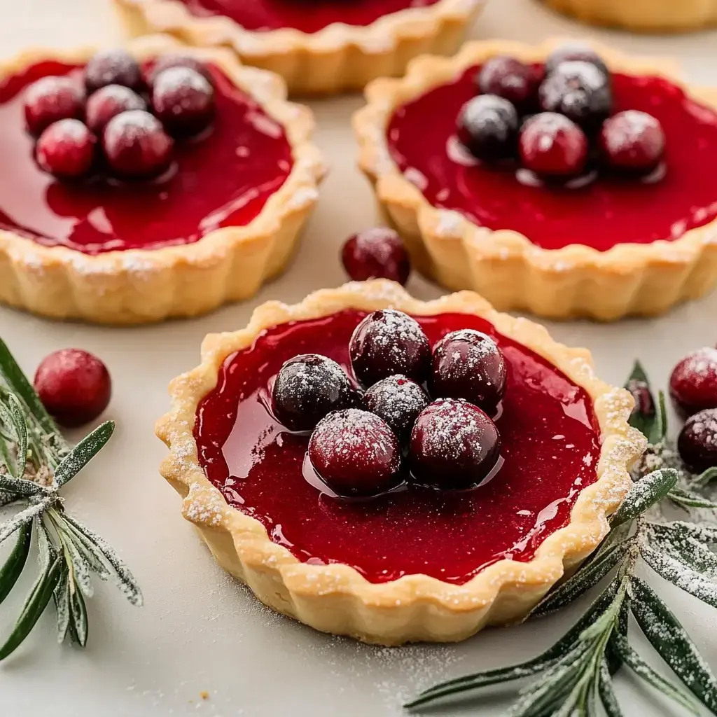 A close-up of mini fruit tarts with a glossy red filling, topped with fresh cranberries and a dusting of powdered sugar, surrounded by greenery.