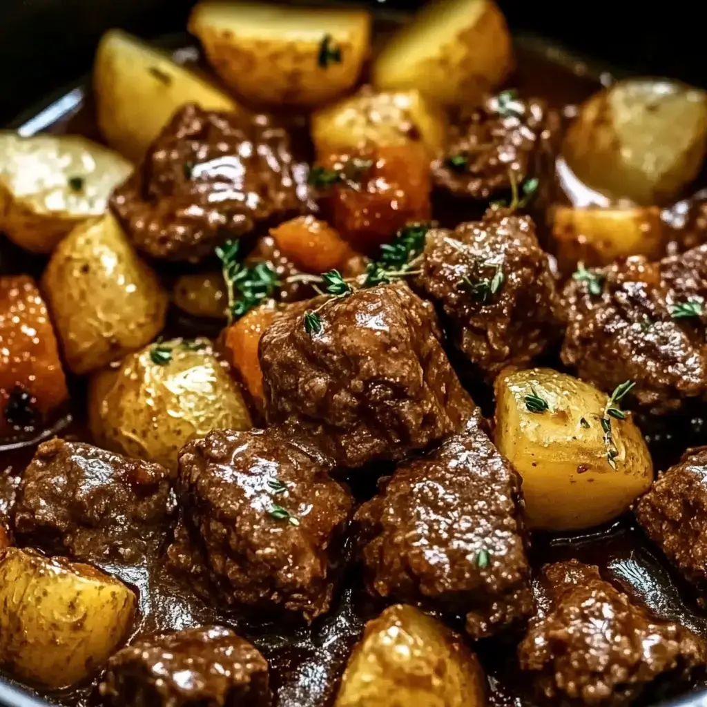 A close-up of beef stew featuring tender chunks of meat, potatoes, and carrots, garnished with thyme.