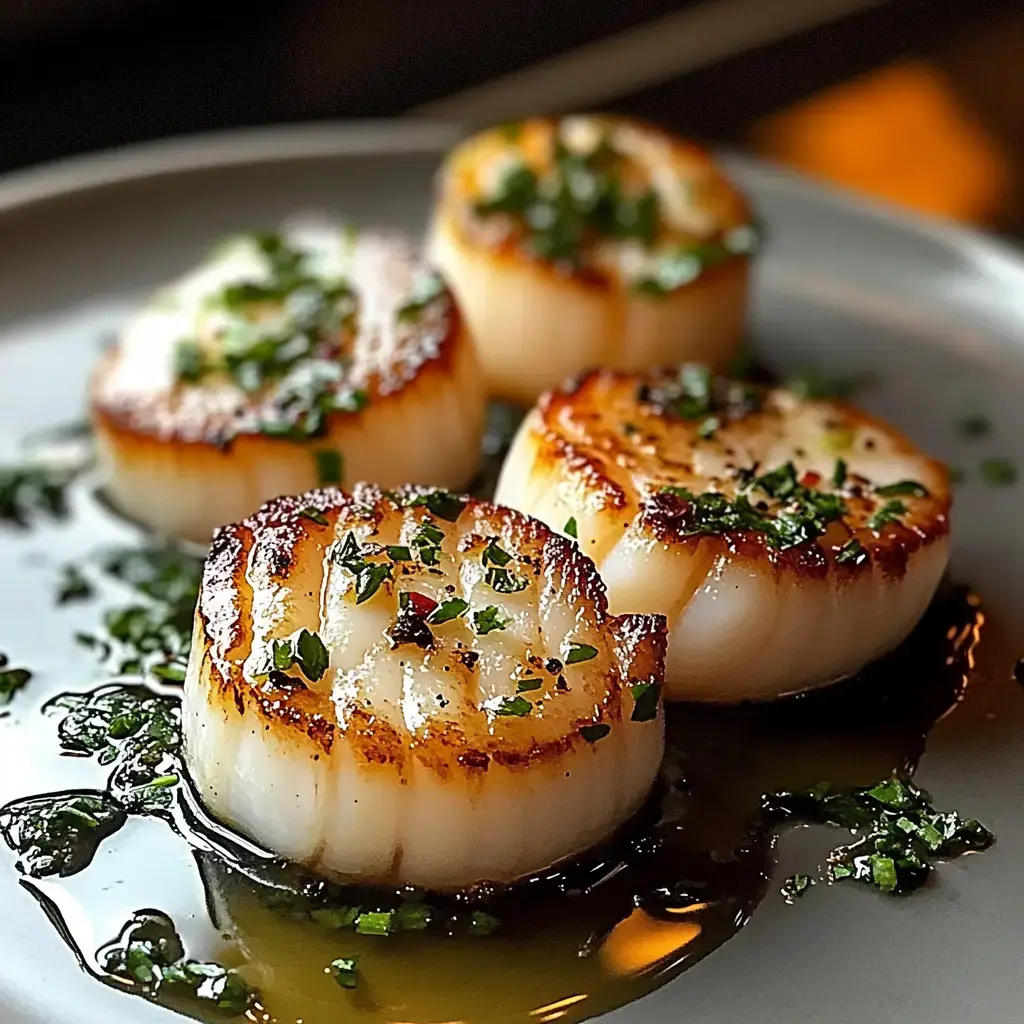 A plate of four beautifully seared scallops garnished with chopped herbs and served in a light sauce.