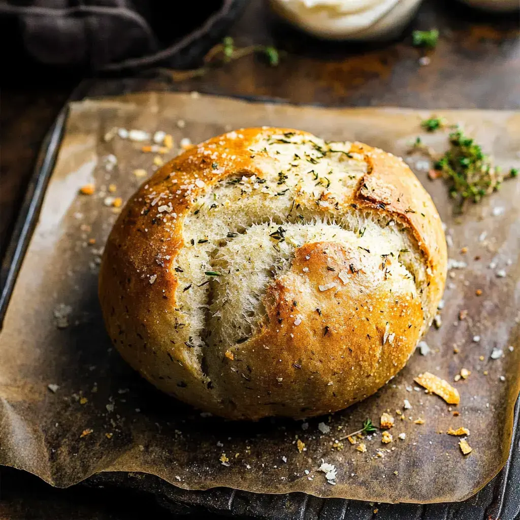 A freshly baked round loaf of bread sprinkled with herbs and sea salt on a parchment-lined baking tray.