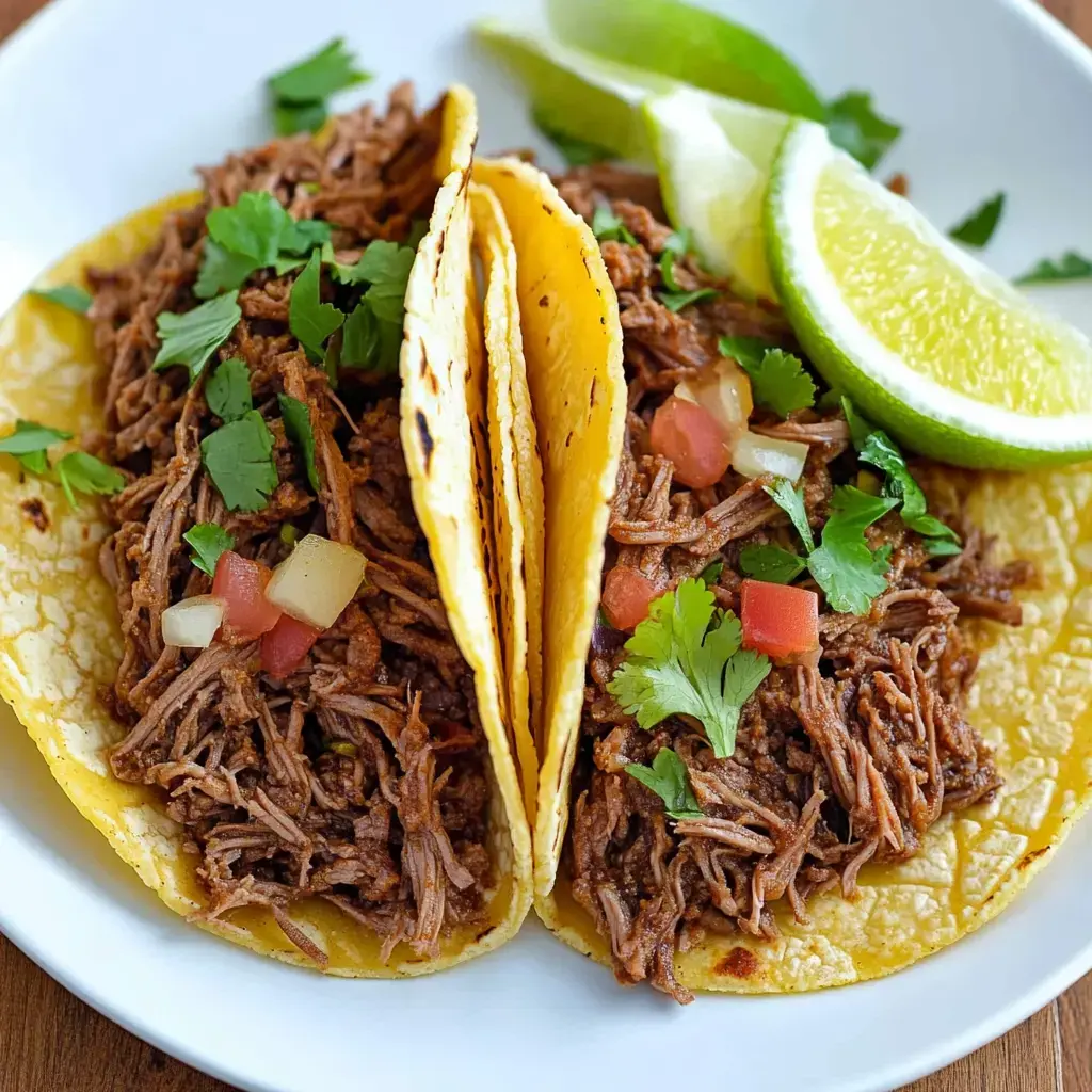 Two soft corn tortillas filled with shredded beef, topped with cilantro and diced tomatoes, served with lime wedges on the side.