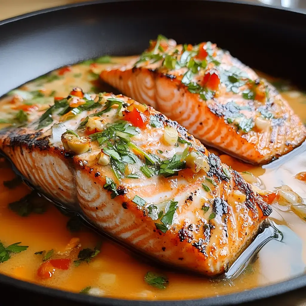 Grilled salmon fillets topped with fresh herbs and spices simmering in a flavorful sauce.