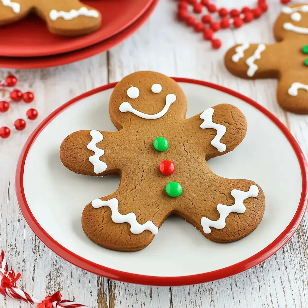 A decorated gingerbread man cookie with a smiling face and colorful icing accents is placed on a white plate, surrounded by red beads and additional cookies.